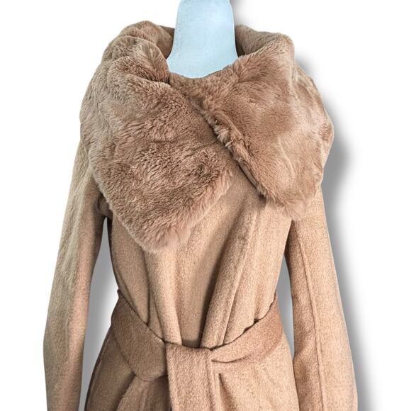 Maxchic Tan Camel Wool Cashmere Coat Rex Rabbit Oversized Collar XS Wrap Style - Picture 2 of 15
